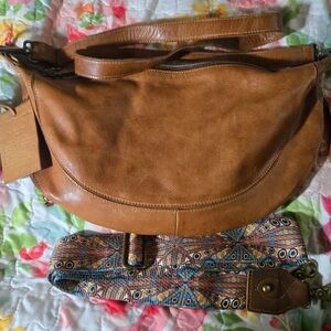 Latico Tan Leather Shoulder Bag with Patterned Strap
